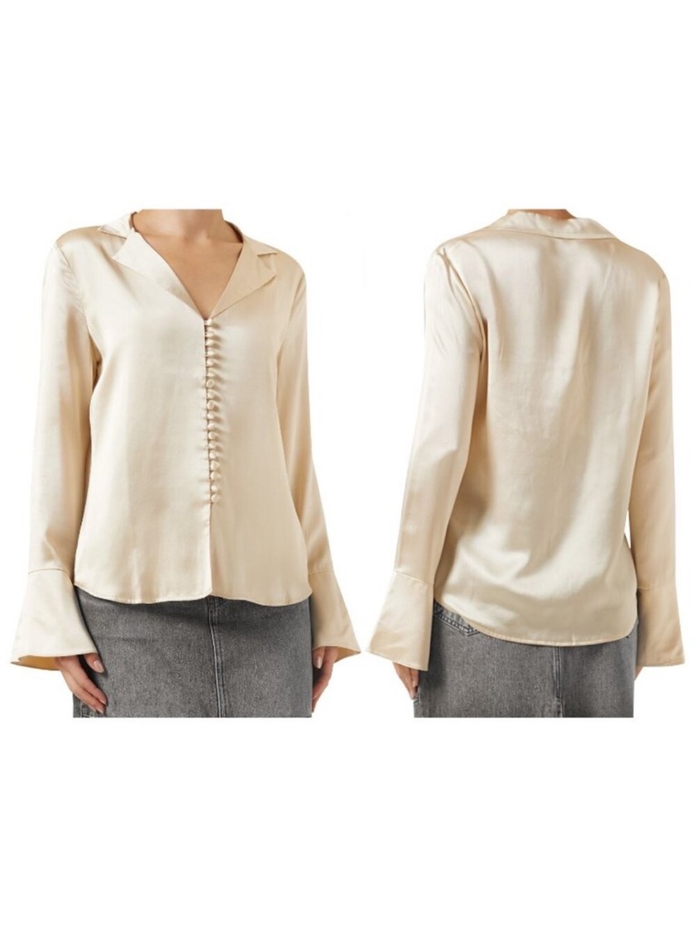 Reformation Jeremiah Silky Cream Button-Front V-Neck Blouse